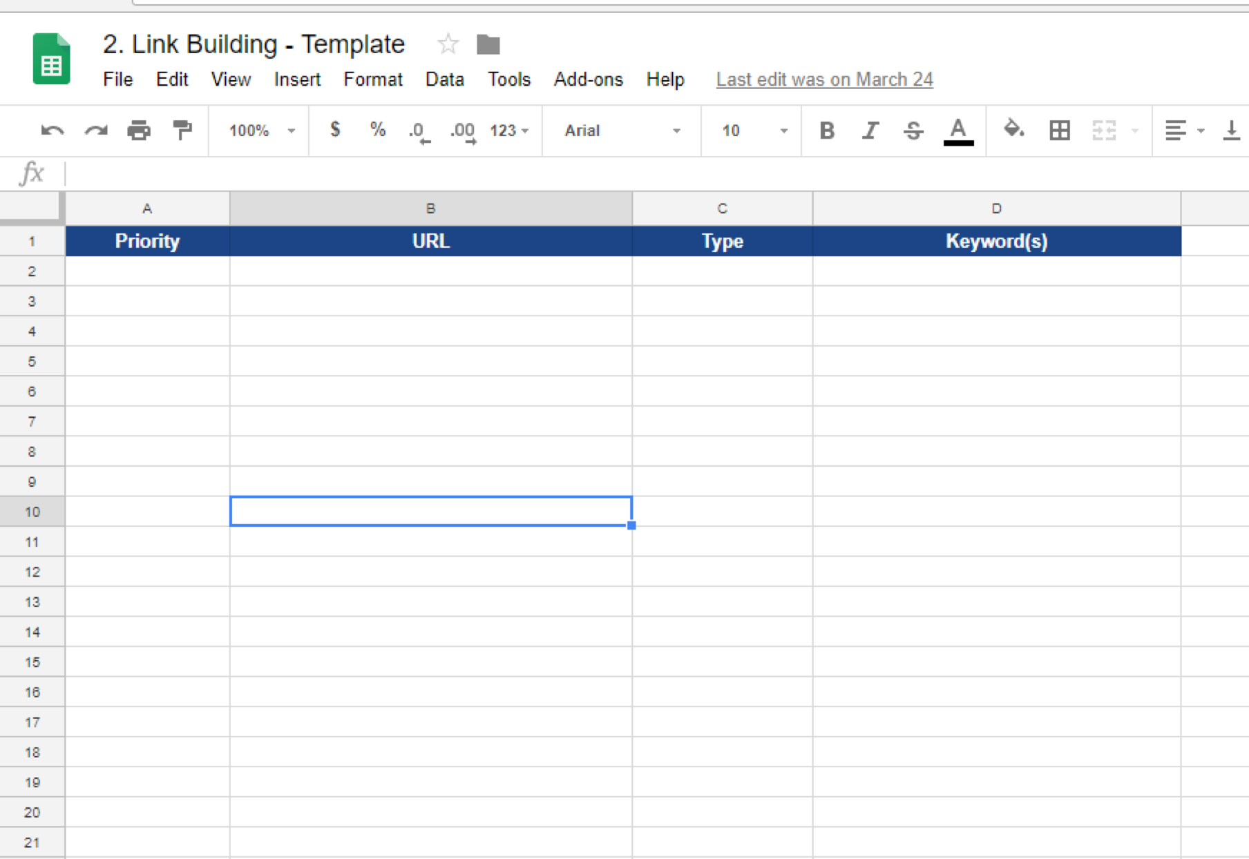 Link Building Spreadsheet sample