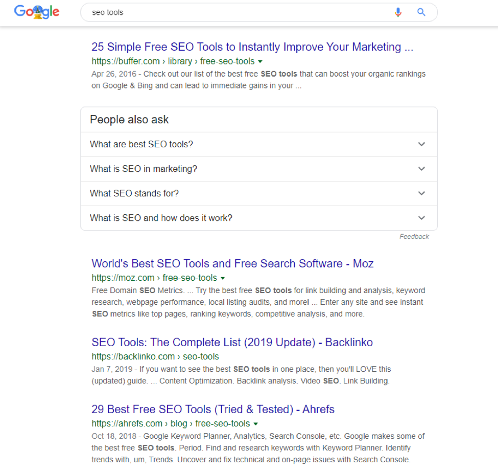 SEO Tools google search page screenshot