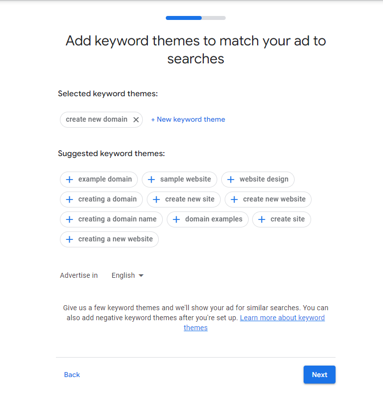 Image of Keywords theme set up in google ads