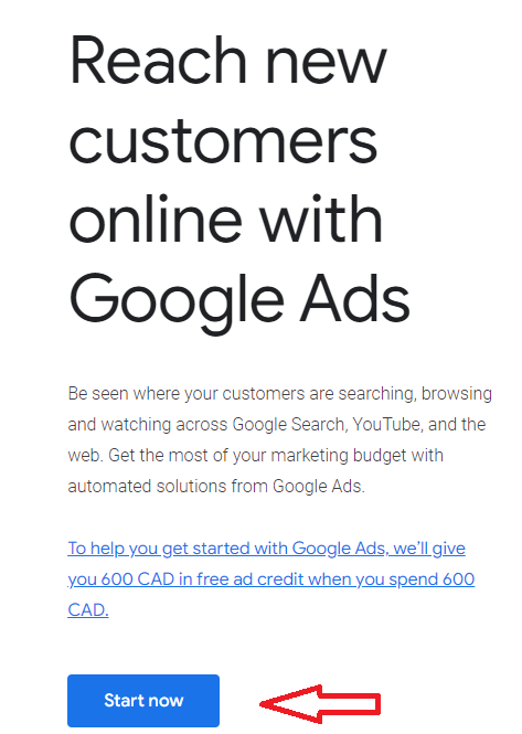 image of Google Ads Start page